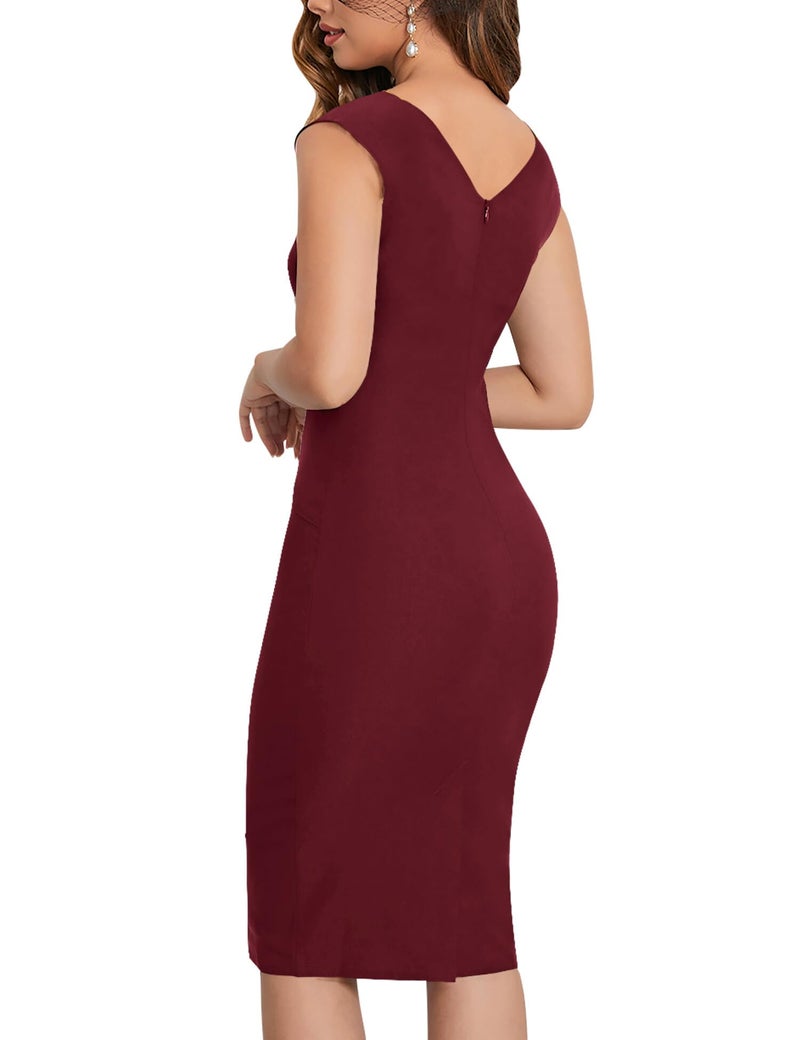 MUXXN Women's Lady Sleeveless V Neck Rucehd Pencil Bodycon Midi Solid Color Party Dress Merlot M - Image 2